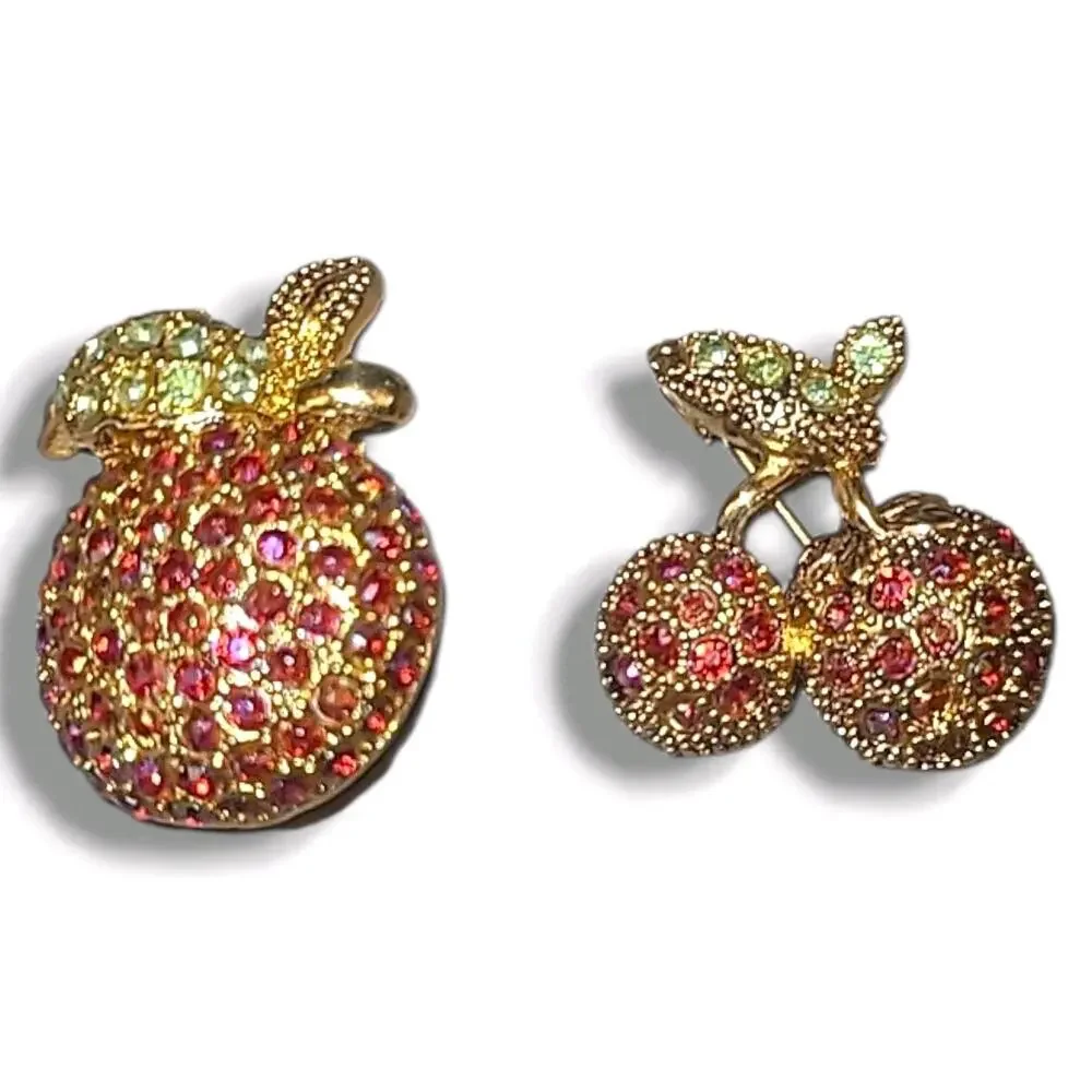 2‎ Vintage Aurora Borealis Rhinestone Fruit Brooches Pins Apple & Cherries